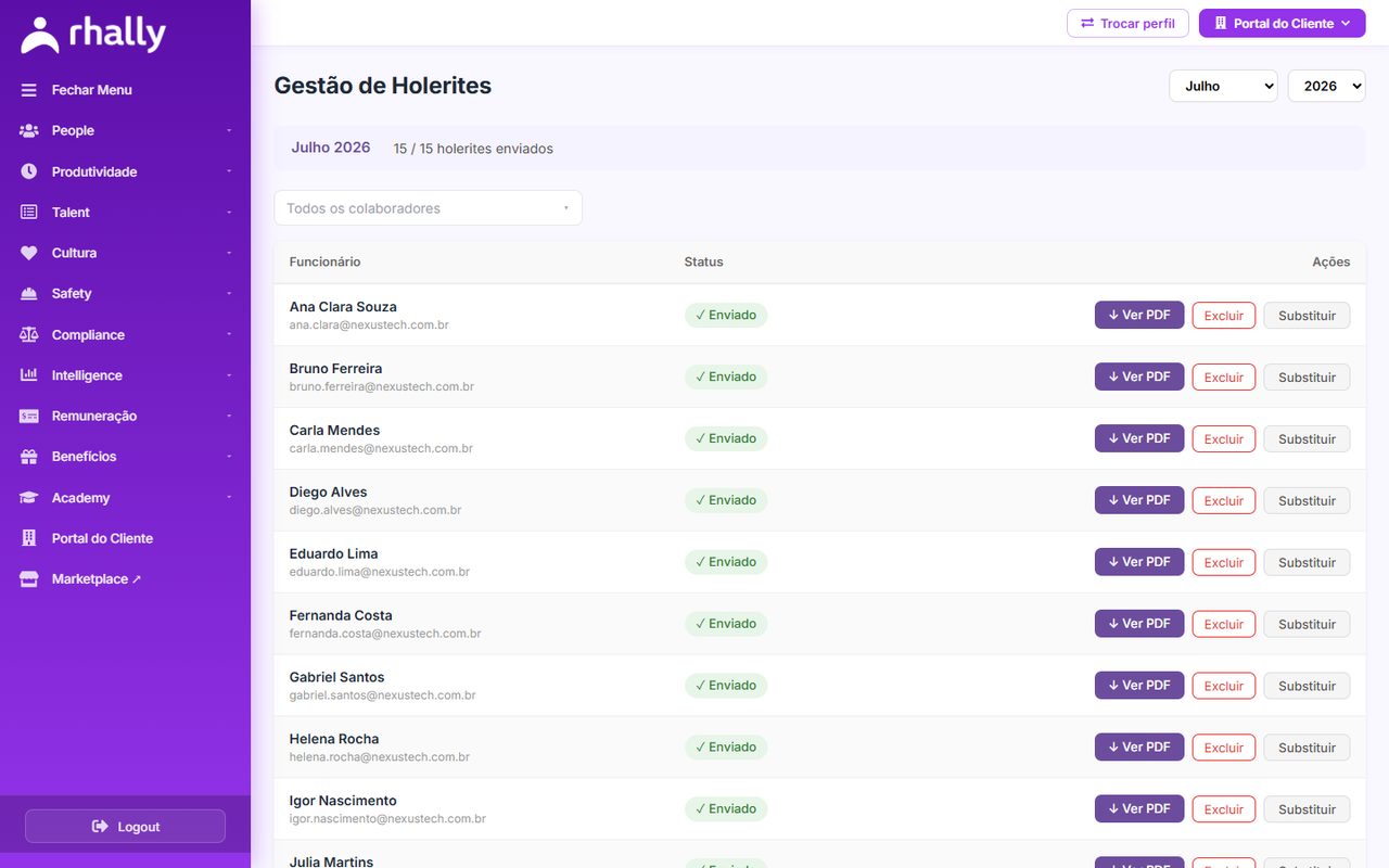 A folha e os holerites organizados.